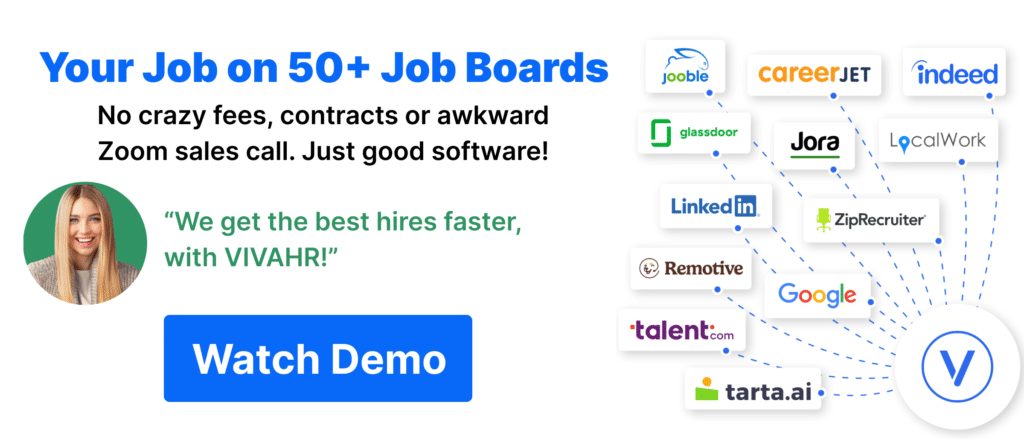 An ad to "watch a demo" for VIVAHR with a photo of a customer who says "We get the best hires, faster, with VIVAHR!" 