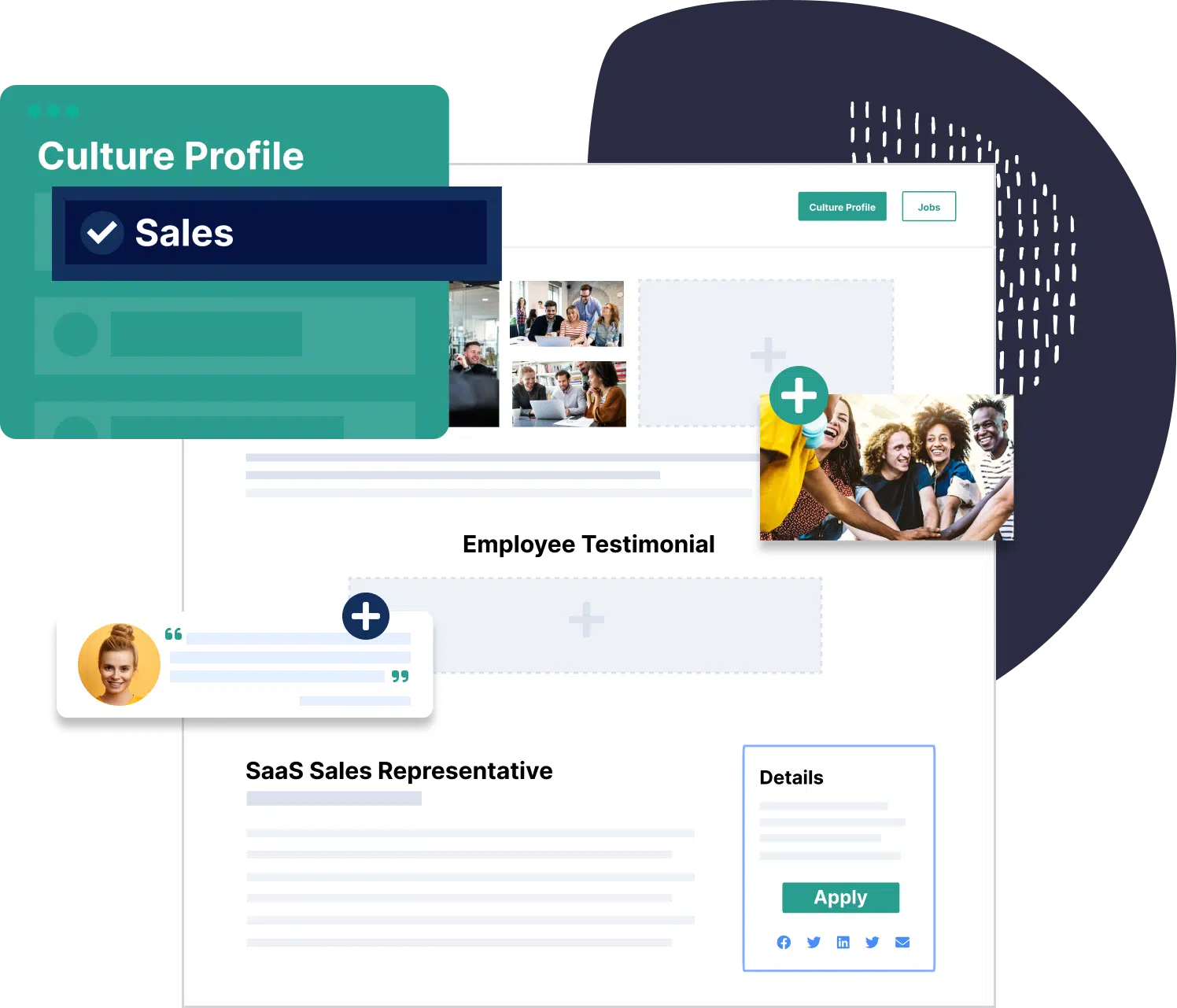 An Image Of A Culture Profile For Quot Sales Quot That Has Images Employee Testimonials And Other Things On A Page Editor