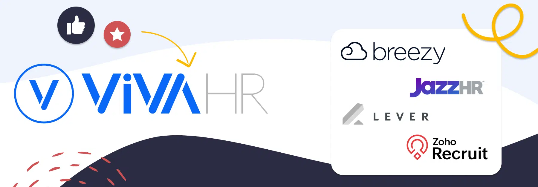 Image showing logos of top four Breezy Hr Alternatives. Includes VIVAHR logo, breezy hr logo, jazzhr logo, lever logo, and zoho recruit logo. 