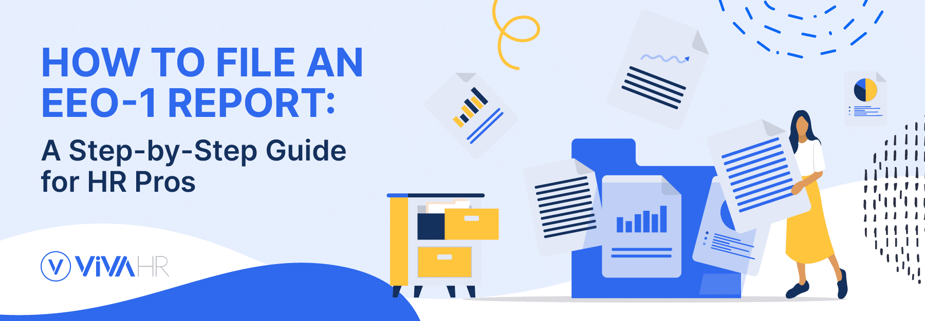 How To File Eeo 1 Report Quick Guide For Hr Pros With Checklist. Illustration of a woman in a yellow dress carrying a file to a filing cabinet. 